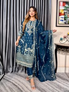 Noor Elegance Premium 4PC Set (Unstitched) // Teal Blue Edition - Image 2