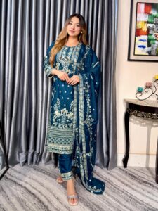 Noor Elegance Premium 4PC Set (Unstitched) // Teal Blue Edition - Image 3