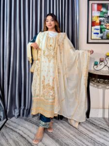 Noor Elegance Premium 4PC Set (Unstitched) // Cream White Edition - Image 4