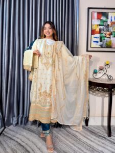 Noor Elegance Premium 4PC Set (Unstitched) // Cream White Edition - Image 2