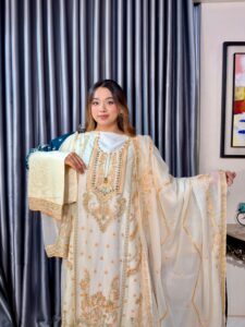 Noor Elegance Premium 4PC Set (Unstitched) // Cream White Edition - Image 3