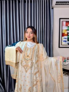 Noor Elegance Premium 4PC Set (Unstitched) // Cream White Edition - Image 6