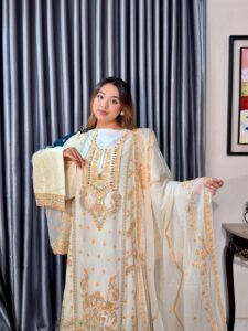 Noor Elegance Premium 4PC Set (Unstitched) // Cream White Edition - Image 5