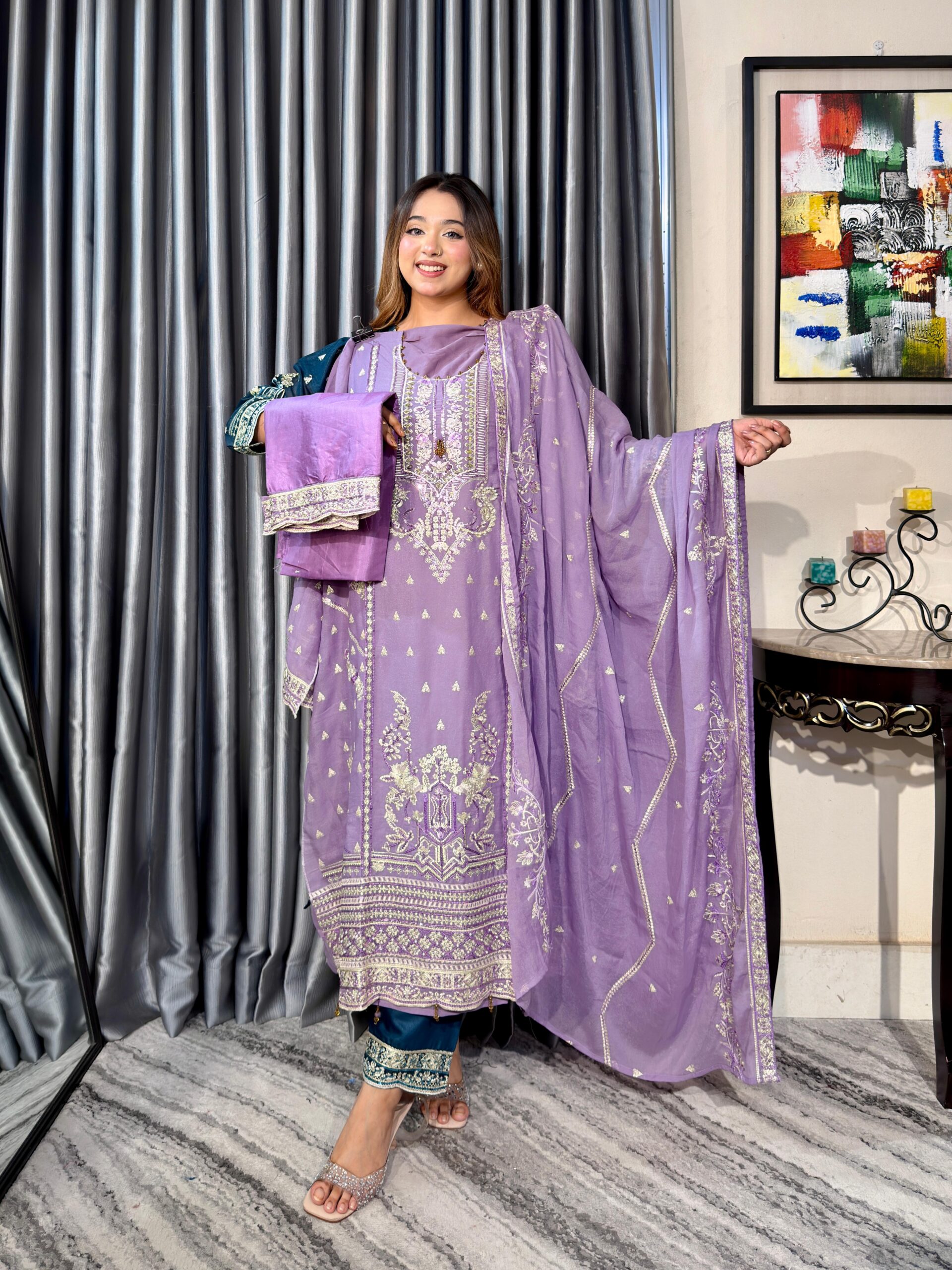Noor Elegance Premium 4PC Set (Unstitched) // Levender colour Edition