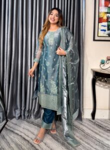Aurelia Party Luxe 4PC Unstitched Set // Ash Teal Edition - Image 3