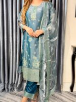 Aurelia Party Luxe 4PC Unstitched Set // Ash Teal Edition - Image 4