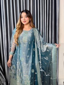 Aurelia Party Luxe 4PC Unstitched Set // Ash Teal Edition - Image 5