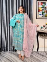 Sea Blue Multi Sequince 4pc Set (Unstictch) // Blush Pink Contrast Dupatta - Image 3