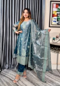Aurelia Party Luxe 4PC Unstitched Set // Ash Teal Edition - Image 2