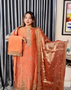 Aurelia Party Luxe 4PC Unstitched Set // Light Orange Edition - Image 5
