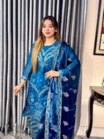 Noor-e-Afgan Embroidered 4pc Set (Unstitched) // Royal Blue // Afgan Silk - Image 7