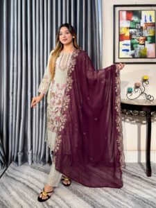Multi-Colour Elegance 4pc set (Unstitched) With Contrast Dupatta - Image 7