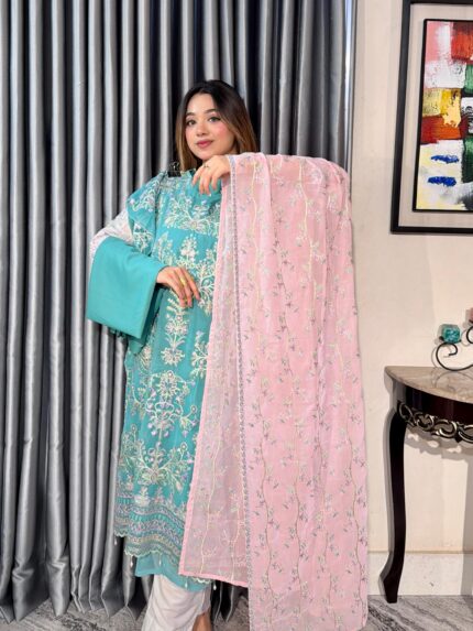 Sea Blue Multi Sequince 4pc Set (Unstictch) // Blush Pink Contrast Dupatta