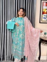 Sea Blue Multi Sequince 4pc Set (Unstictch) // Blush Pink Contrast Dupatta - Image 2