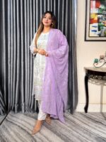 White Multi 4pc Set (Unstictch) // Purple Contrast Dupatta - Image 2