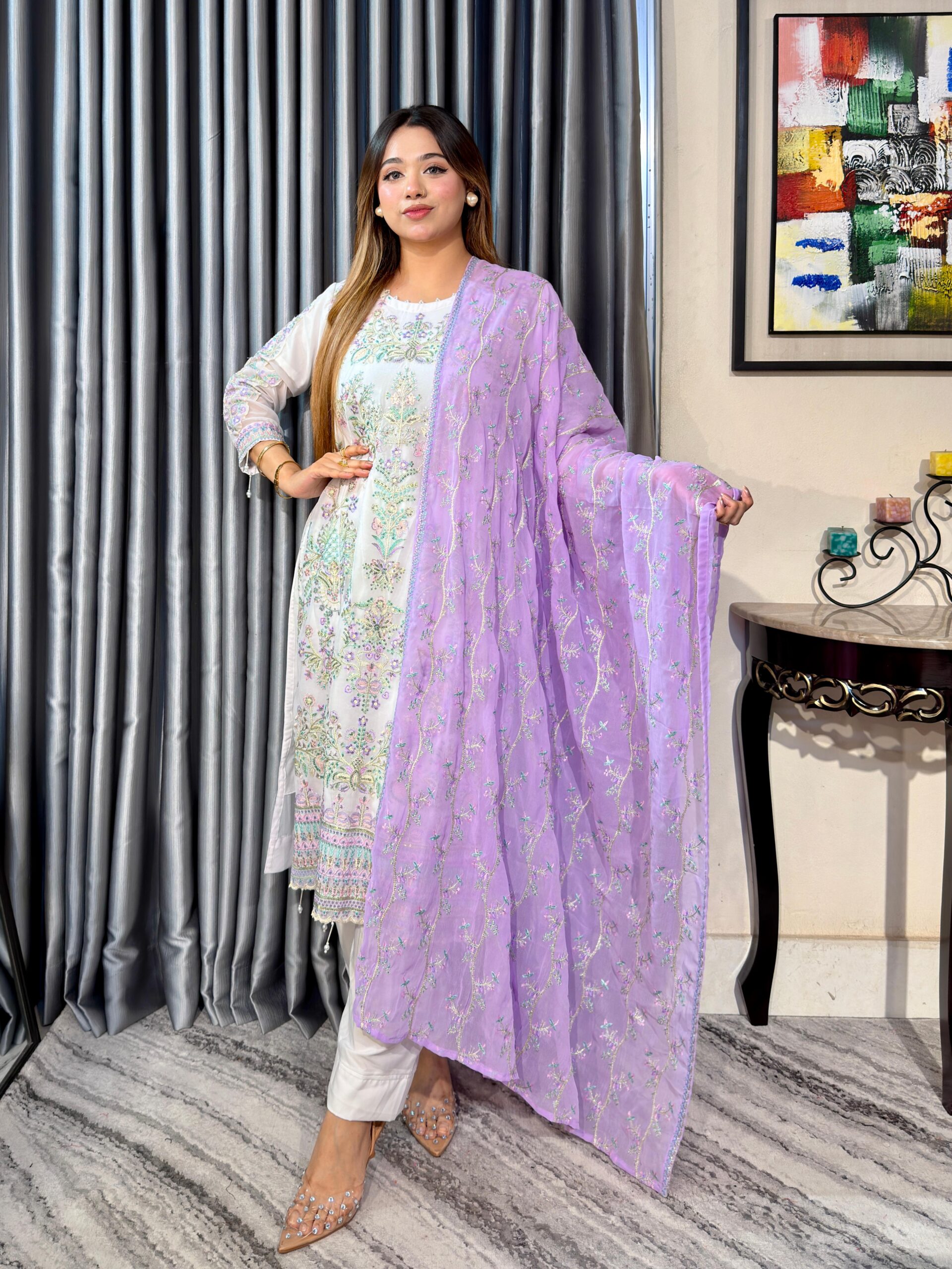 White Multi 4pc Set (Unstictch) // Purple Contrast Dupatta