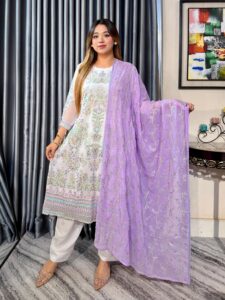 White Multi 4pc Set (Unstictch) // Purple Contrast Dupatta - Image 3