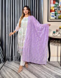 White Multi 4pc Set (Unstictch) // Purple Contrast Dupatta - Image 5