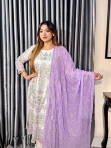White Multi 4pc Set (Unstictch) // Purple Contrast Dupatta - Image 4