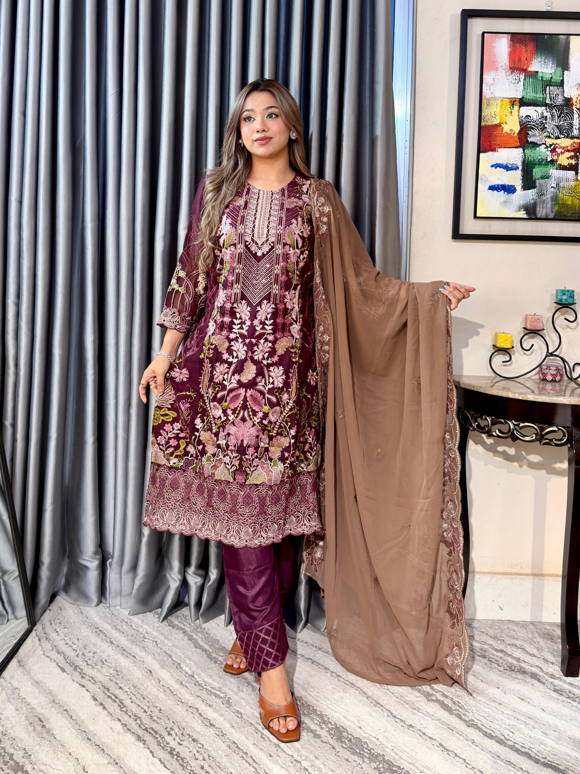 Wine Elegance 4pc set (Unstitched) // Biscuit Shade Contrast Dupatta