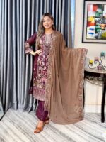 Wine Elegance 4pc set (Unstitched) // Biscuit Shade Contrast Dupatta - Image 2