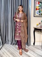 Wine Elegance 4pc set (Unstitched) // Biscuit Shade Contrast Dupatta - Image 4