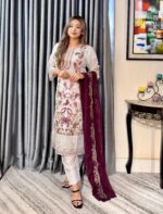 Off-White Elegance 4pc set (Unstitched/Stitched ) // Deep Maroon Contrast Dupatta - Image 3