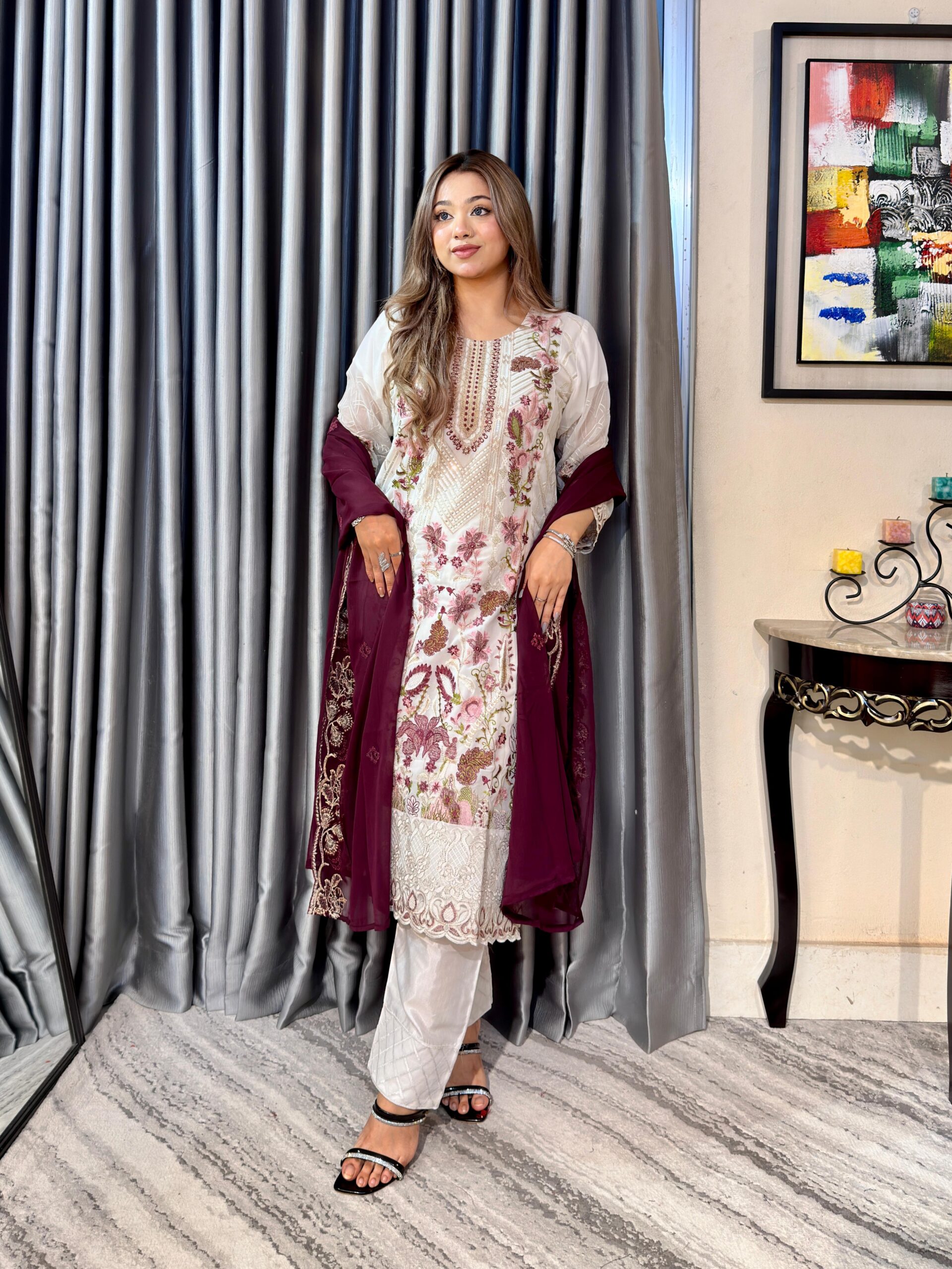 Multi-Colour Elegance 4pc set (Unstitched) With Contrast Dupatta