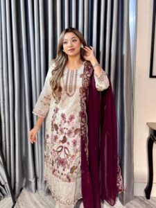 Off-White Elegance 4pc set (Unstitched/Stitched ) // Deep Maroon Contrast Dupatta - Image 5