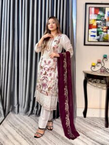 Off-White Elegance 4pc set (Unstitched/Stitched ) // Deep Maroon Contrast Dupatta - Image 4