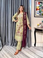 Pistachio Green Elegance 4pc set (Unstitched/Stitched ) // Deep Maroon Contrast Dupatta