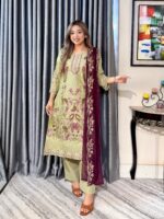 Pistachio Green Elegance 4pc set (Unstitched/Stitched ) // Deep Maroon Contrast Dupatta - Image 4