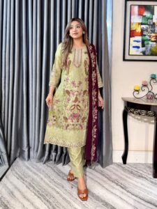 Pistachio Green Elegance 4pc set (Unstitched/Stitched ) // Deep Maroon Contrast Dupatta - Image 3