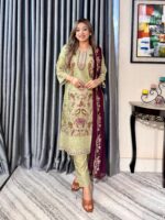 Pistachio Green Elegance 4pc set (Unstitched/Stitched ) // Deep Maroon Contrast Dupatta - Image 5